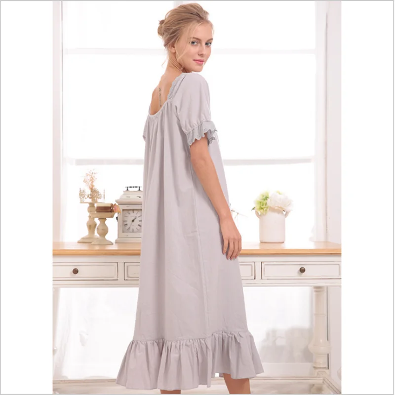 Summer Female Sweety Lace Lovely Sleepshirt Ladies Cotton Long Nightgown Women Short sleeve Square collar sleepshirt