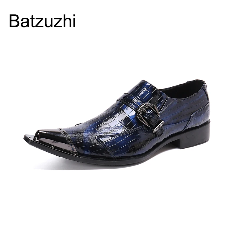 Batzuzhi Handsome Men's Shoes Luxury Handmade Leather Dress Shoes Men Pointed Metal Toe Blue Business and Party Zapatos Hombre