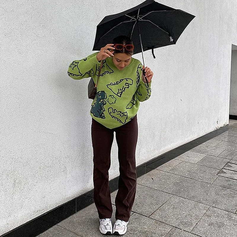 Oversize Sweater Women 2021 Y2K Autumn Winter Sweater Couple Dinosaur Loose Pullovers 90s Green Long Sleeve Knitted Jumper Women
