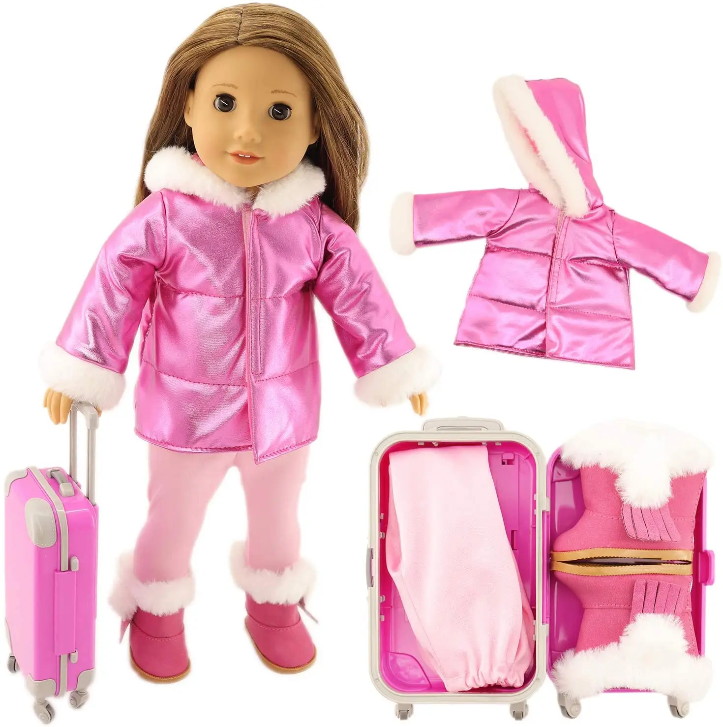 4PCS American Doll Pink Suitcase Travel Carrier Storage Down Jacket Leggings and Boots Winter Clothes for Girl 18 Inch | Игрушки и хобби