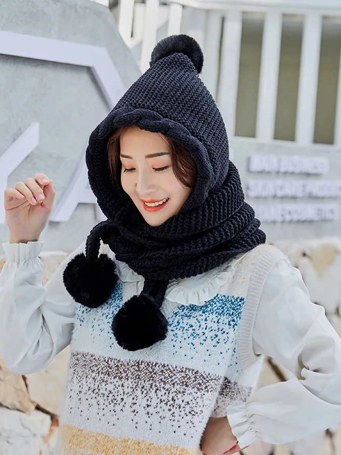 winter New pattern Connected Neck Furry Warm Cap Korean Edition fashion Wild Joker Facial protection knitted hat for women