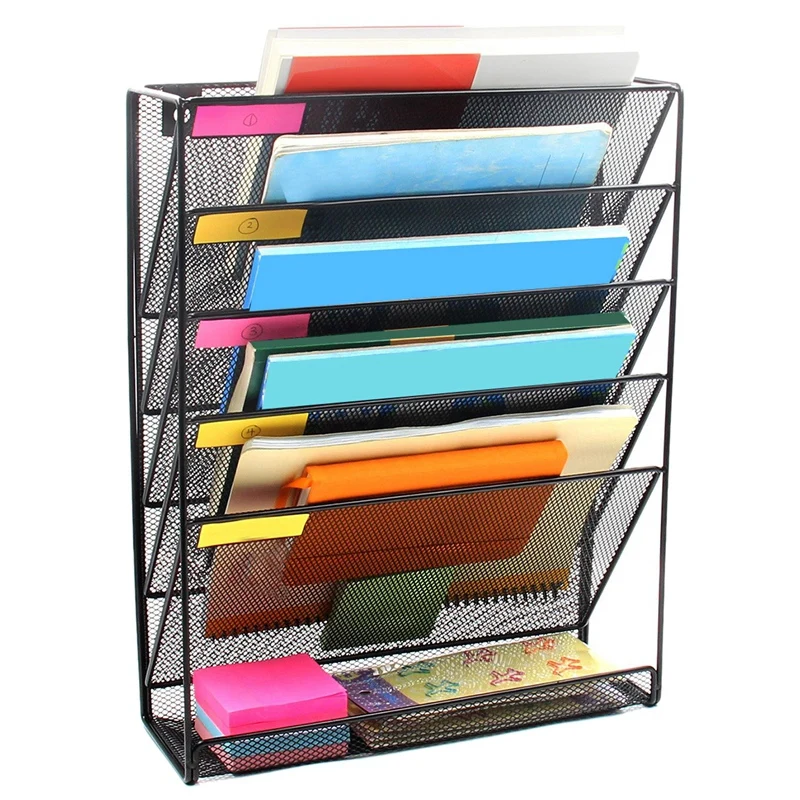 Goedkoop Metalen Mesh Muur Gemonteerde Tijdschrift Bestand Rack Bureau 5 Layer Interval Archief File Magazine Tijdschrift Notebook Opslag Zwart