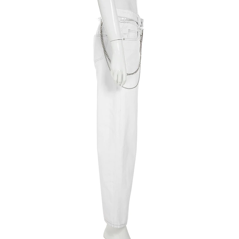 Waatfaak выдалбливают джинсы с высокой талией женские рваные уличные широкие брюки для ног белая цепочка на ремешке из джинсовой ткани джинсы женские Карманы Мода