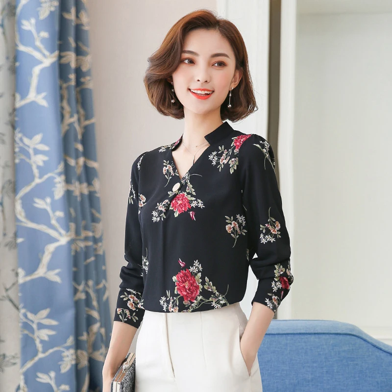 

Blusas Femininas 2019 Fashion Floral Tops And Blouses Mujer Autumn Long Sleeve Femme Shirts Print Chiffon Blouse Women Shirt OL