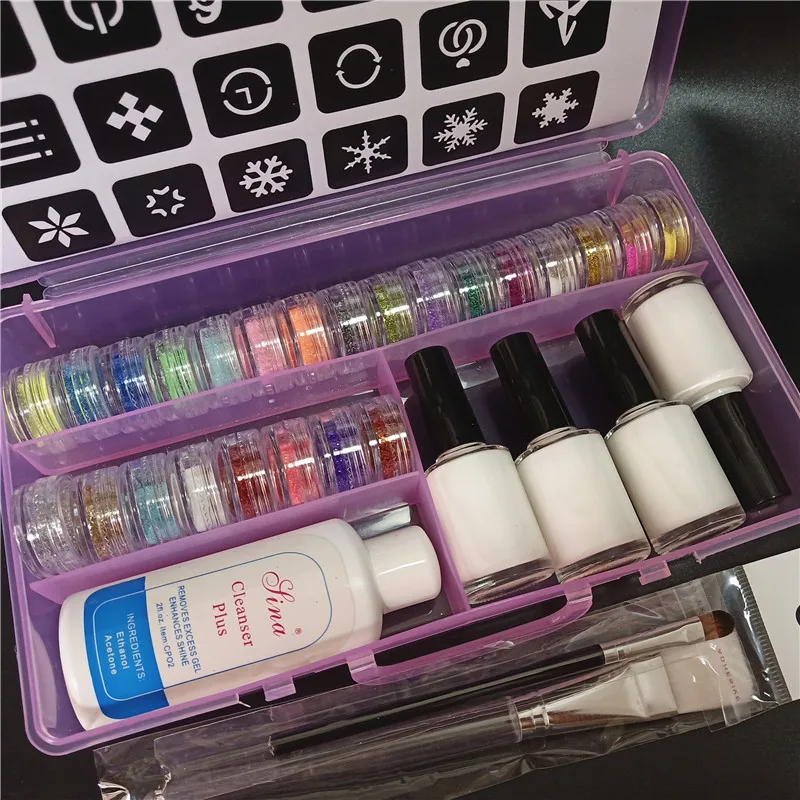 24 Colors Power Glitter 2 Brushes 4 Glues Hollow Template Temporary Tattoo Kit for Kids Tool Face Body DIY Nail ART