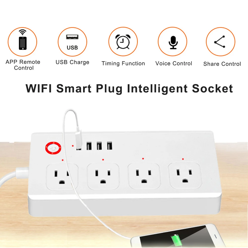 Интеллектуальная штепсельная вилка WiFi розетка 4 выхода + порта USB совместима с