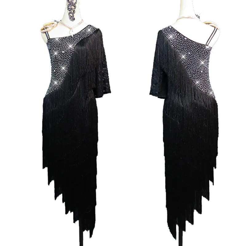 Latin Dance Competition Clothing Mesh Sleeve Performance Female Adult Prom Party High-End Sexy Black Dress BL3140 | Тематическая