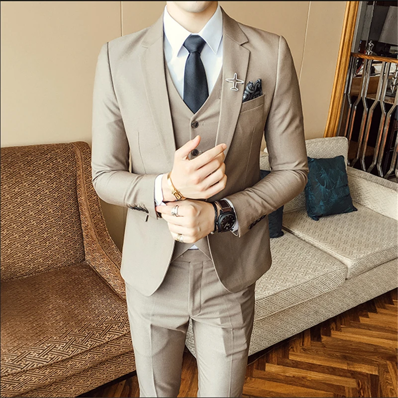 Autumn New England Fashion Korean Slim Business Suit Three-Piece Groom Groomsmen Wedding Dress Solid Color Suit Set