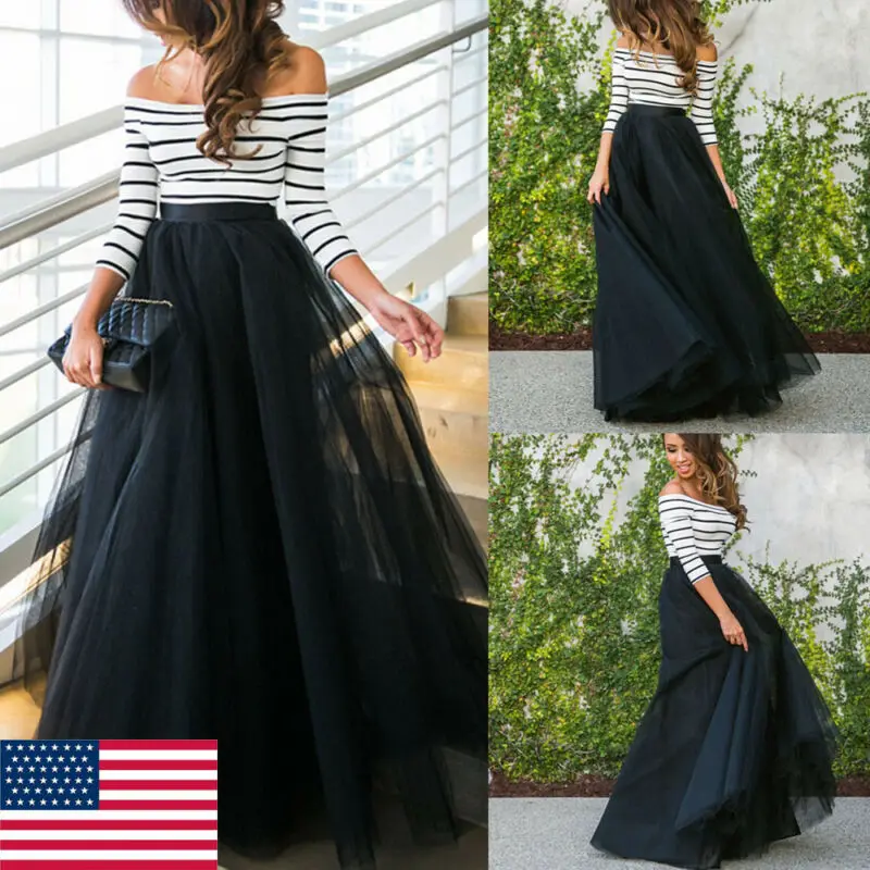 Us Women S Fashion Summer Long Two Pieces Tulle Striped Maxi