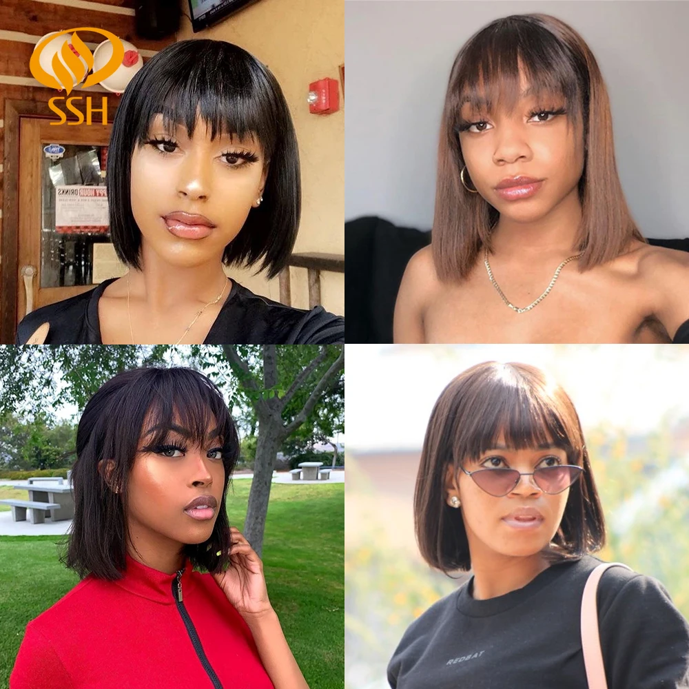 SSH Short Human Hair Wig with Fringe for Women Straight Remy Hair Bob Wigs With Bangs Dark Brown Balayage Highlight Ombre Color