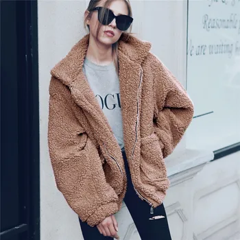 

2020 Autumn Winter Warm Soft Faux Fur Coat Women Zipper Fur Jacket Female Plush Overcoat Pocket Casual Teddy Outwear
