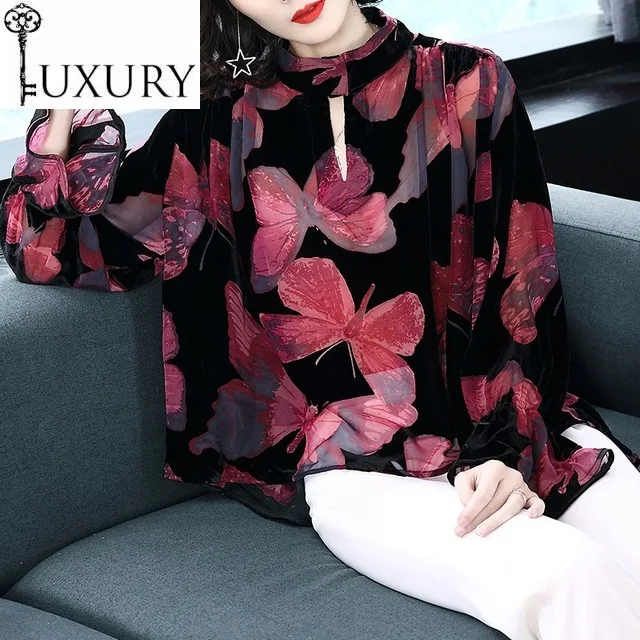 Блузки нового размера плюс Весна Лето Blusas Feminino винтажный Флокированный принт с