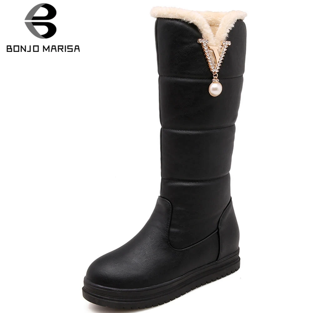

BONJOMARISA Big Size 33-44 Decorating Fur Boots Ladies Elegant Platform mid-calf Snow Boots Women 2020 Warm Wedges Shoes Woman