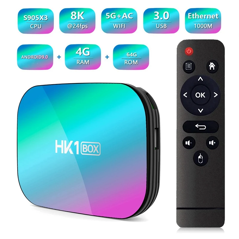 

HK1 Box Amlogic S905X3 4GB RAM 64GB ROM 5G WIFI Bluetooth 4.0 1000M LAN Android 9.0 4K 8K H.265 TV Box