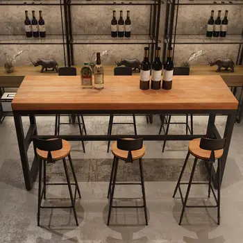 

Nordic Solid Wood Long Table Coffee Bar Against Wall High Stool Bar Table Iron Restaurant Bar Table Table Chair Combination