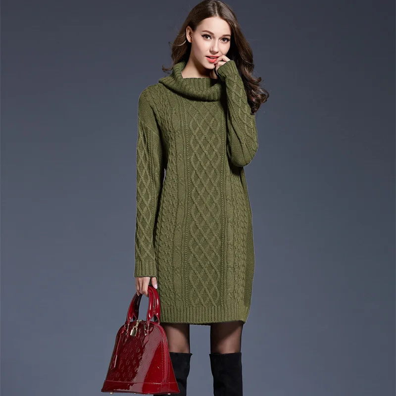 Зимнее вязанное крючком платье-свитер размера плюс, весеннее женское черное трикотажное платье с длинным рукавом и высоким воротом, женские платья - Цвет: Армейский зеленый