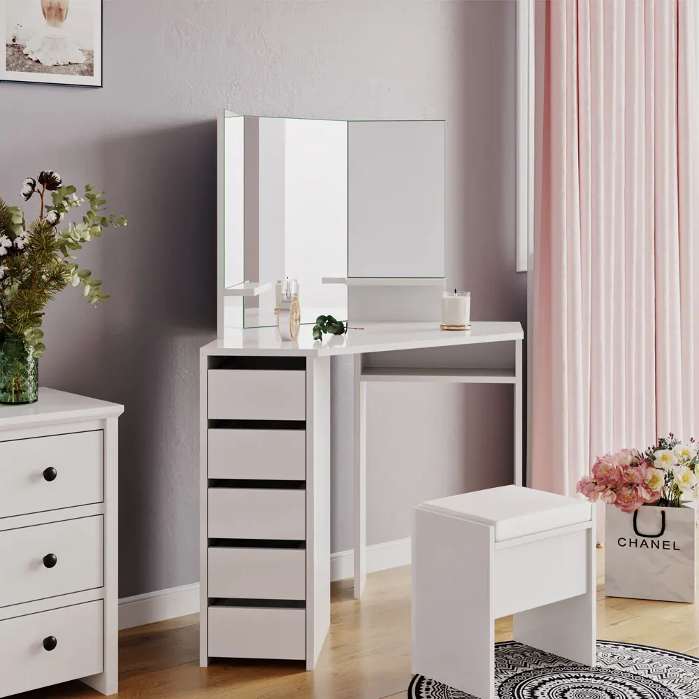 Big Promo Panana Dressing Table With Mirror Curved Pentagon Shape Modern Dresser Desk For Bedroom Jewelry Makeup Organizer White