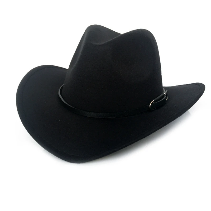 Шерстяная зимняя западная ковбойская шляпа унисекс с широкими полями Cowgirl джаз шляпа с кожаной Toca Sombrero женская шляпа в форме колпака - Цвет: BK