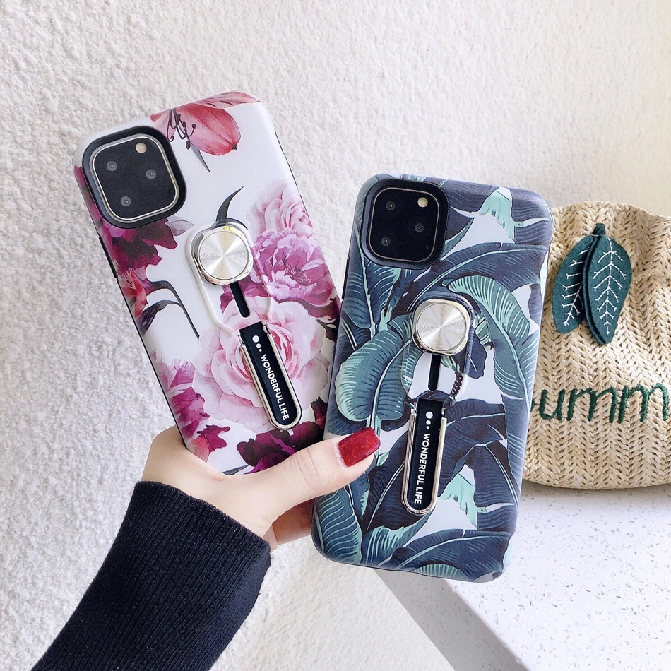 Axbety для iPhone 11 XR 8 X XS MAX 7 Plus 6 6s чехол Ins Flower Leaves гибкая петля подставка 2 в 1 Адсорбция