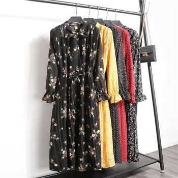 

Women Chiffon Dress Spring Autumn Fashion Female Casual Long Sleeve Lace Up Floral Print Pleated Dress Loose Vintage Vestidos