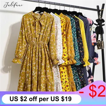 

Spring Autumn Flower Printed Chiffon Party Work Office Dress Elegant A-Line Bow Female Dress Elastic High Waist Vintage Dresses