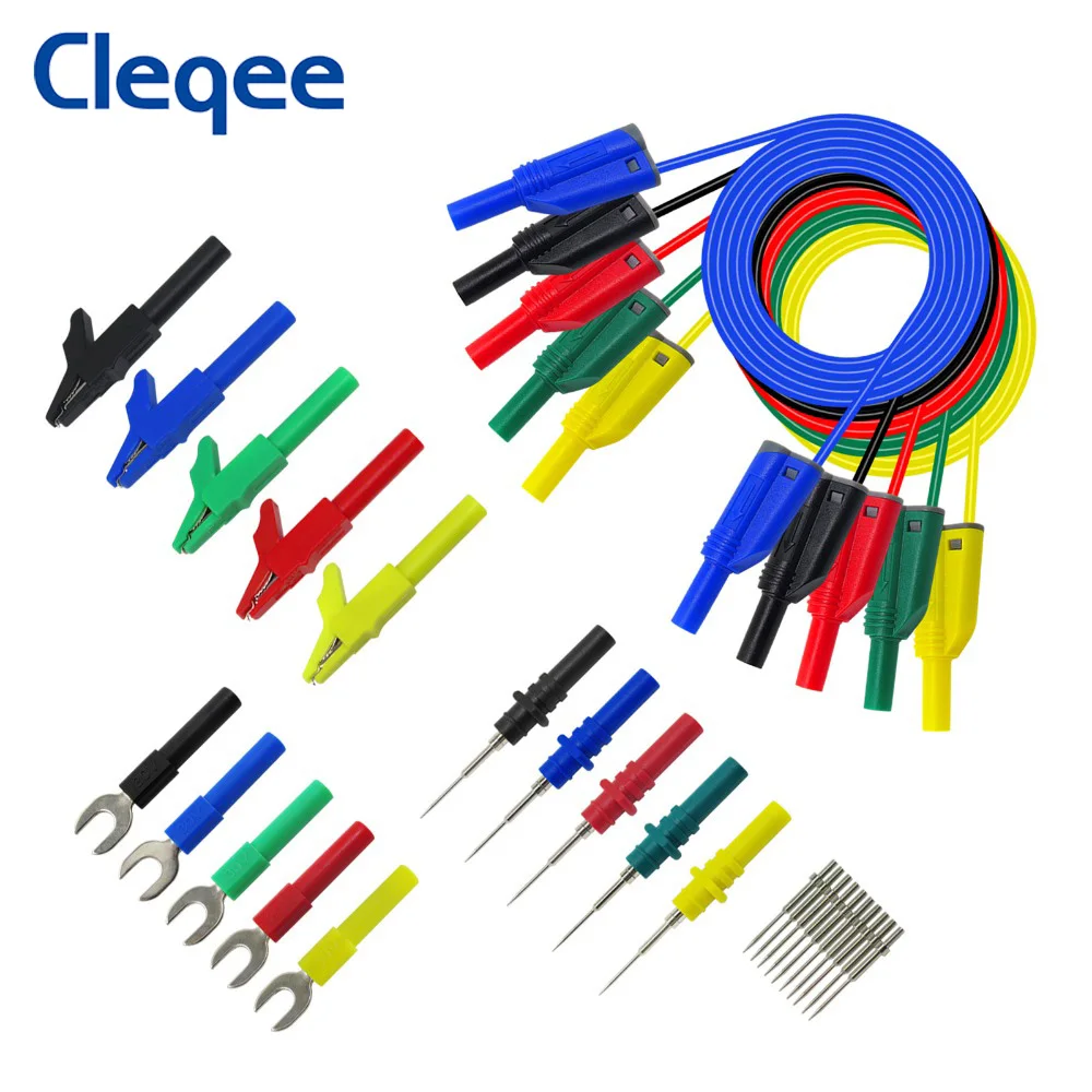 

Cleqee P1050B 20PCS Stackable 4mm Banana Plug Silicone Test Lead Kit with probes Alligator Clip U-type Harpoon for Multimeter