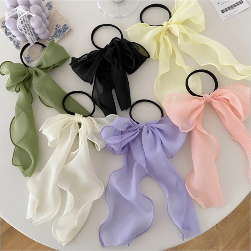 Summer new super fairy big bow lace hair rope fairy wind knotted long ribbon head rope net red jewelry hair accessories