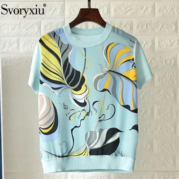

Svoryxiu Designer Summer Silk Colorful Print Patchwork Short Sleeve T Shirts Women's Fashion Knitting Tops Tees Female 2020