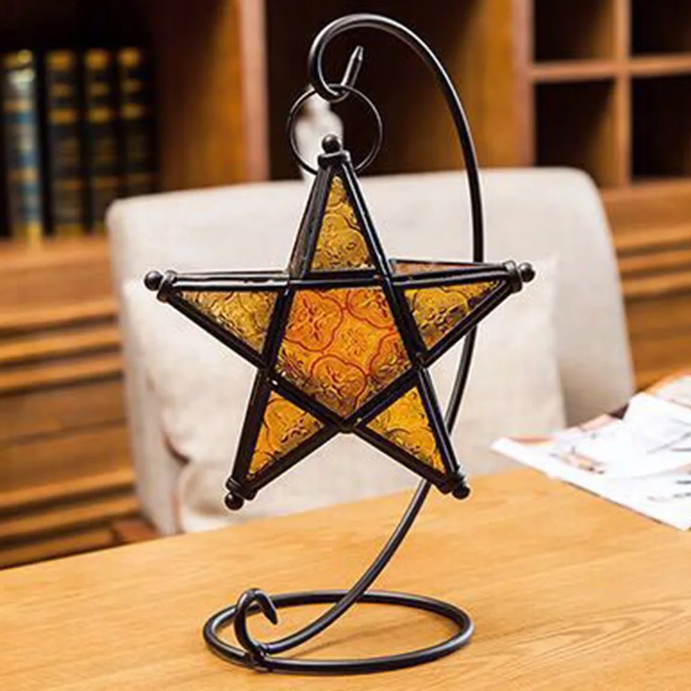 Five-pointed Star Candlestick Wrought Iron Glass Hanging Decor Home Metal Candlestick Creative Home Ornaments - Цвет: 5 YELLOW