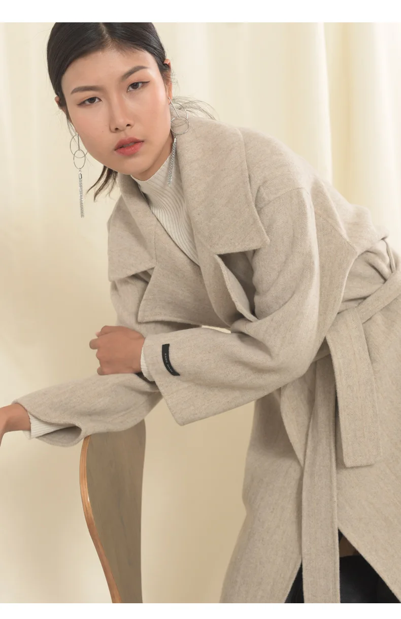 Новое поступление, Классический халат, стильные модели с ремнем, длинное двустороннее шерстяное кашемировое пальто ручной работы для женщин