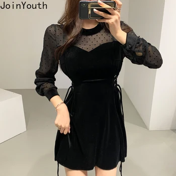 

Joinyouth Spring 2020 Polka Dot Mesh Stitch Dress French Retro Velour Vestidos Long Sleeve Half Turtleneck Velvet Dress 57793