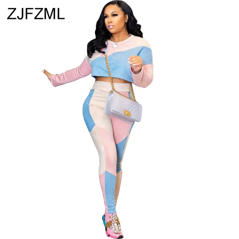 

Suede Contrast Color Sexy Two Piece Set Sweat Suits Women Round Neck Long Sleeve Crop Top and Pencil Pants Causal Winter Outfits