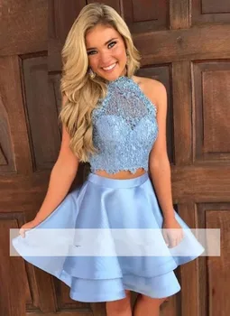 

Sky Blue 2019 Homecoming Dresses A-line Halter Lace Short Mini Cocktail Dresses