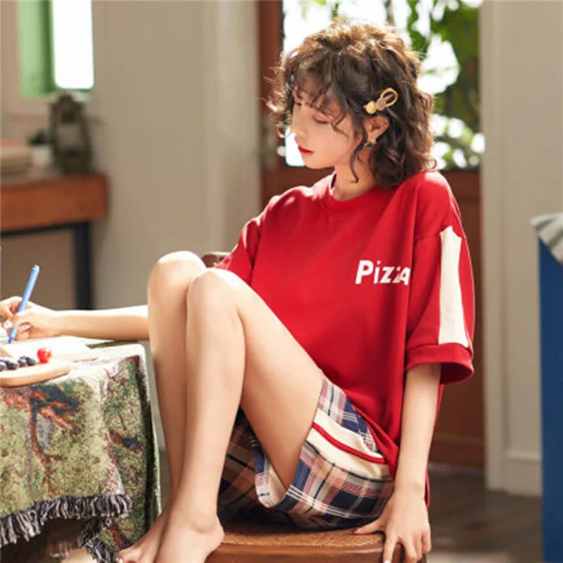 New pajamas women's summer cotton short sleeve shorts thin Korean version fresh students can wear red loose home suit