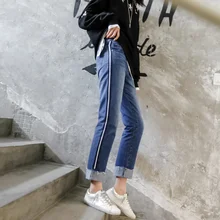 Джинсы с высокой талией женские осенние брюки длиной до щиколотки прямые джинсовые синие Боковые Полосатые Модные свободные уличные джинсы для женщин