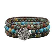 Браслет из натурального камня в стиле бохо, трехслойный Круглый браслет из камня, кожаный браслет дружбы с бусинами для женщин и мужчин(1 шт