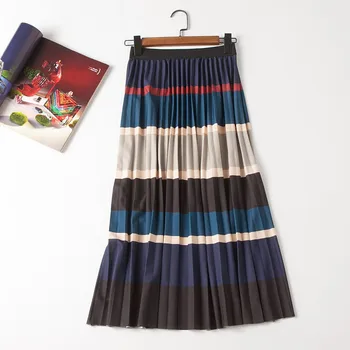 

Spring Women Skirts Color Matching Striped Pleated skirt High Street Style Mid-Calf Empire Striped Skirts