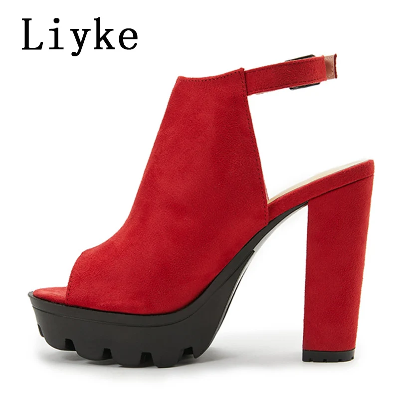 Liyke Women Chunky Platform Sandals Summer Flock Thick High Heels Open Toe Ankle Buckle Strap Ladies Shoes Casual women high heels,platform high heels sandals,platform sandals,ankle buckle sandals