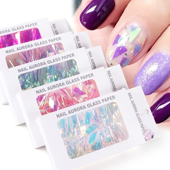 

Holographic Aurora Glass Nail Art Stickers Transparent Glass Paper Sparkly 3D Decals Strip Nail Tape Polish Decorations JI1567