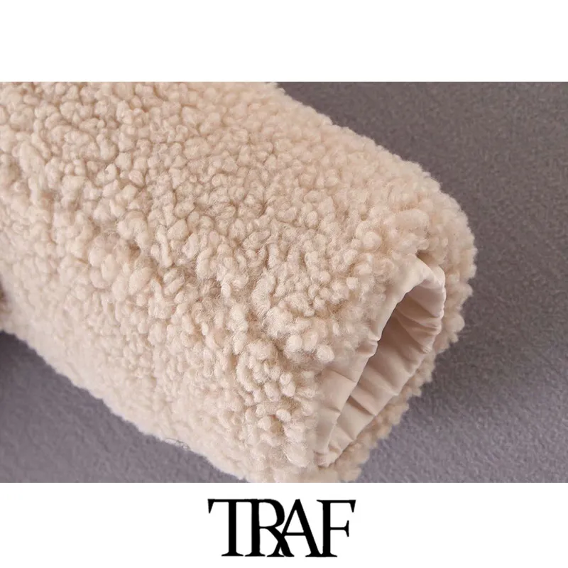 TRAF Women Vintage Stylish Thick Warm Winter Faux Fur Cropped Jacket Coat Fashion Long Sleeve Pockets Female Outerwear Chic Tops