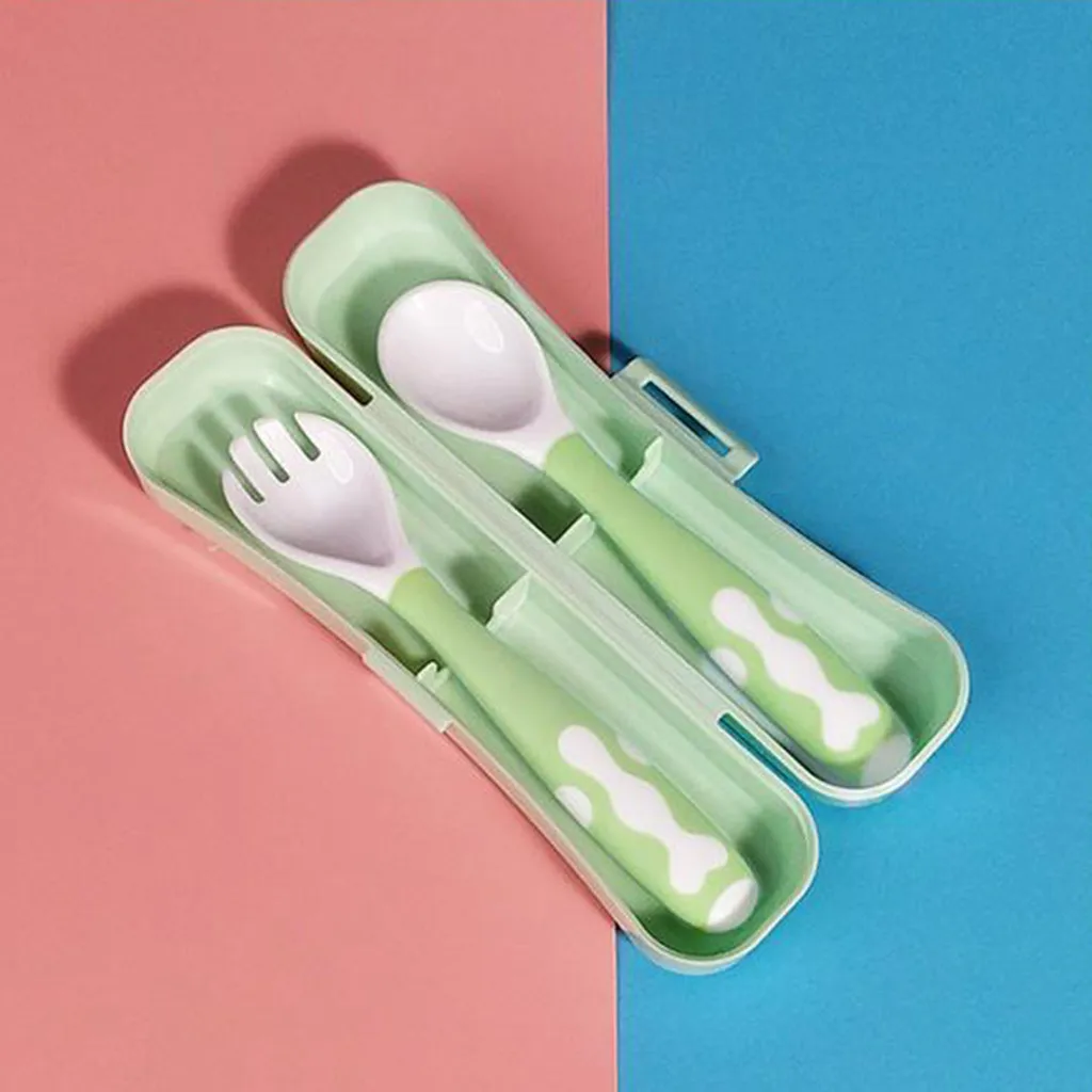 Green New Spoon Dinnerware Set 2pc/1set Baby Feeding Training Spoon 2-In-1 Self-Feeding Baby Spoon Tools Kitchen 1101#30 - Color: Green
