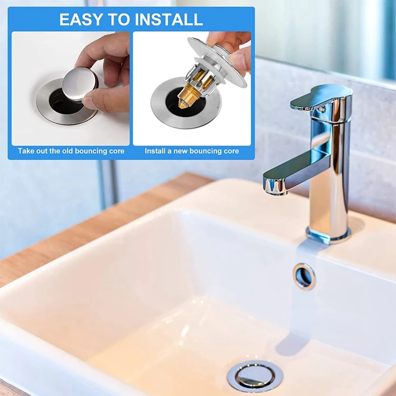 Universal Edition Bathroom Sink Stopper stainless steel bounce core push-type sink stopper for 1.02-1.96 inch Drain Holes Durable bathroom drain plug for Sink Bathtub 1 Drain Stopper