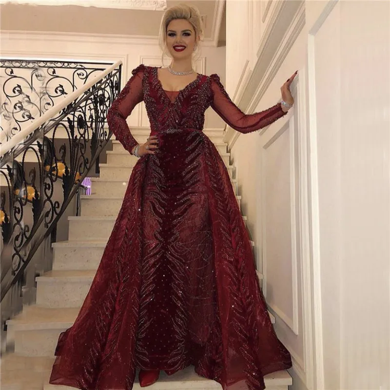 

Evening Dresses 2020 mermaid For Women Dubai Turkey Red Beading sequined With Feather Formal party Night Prom Gowns Plus Size