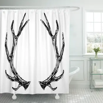 

Black Elk Reindeer Antlers Ink White Boho Grunge Rustic Style Prints and Buck Christmas Shower Curtain Waterproof Polyester