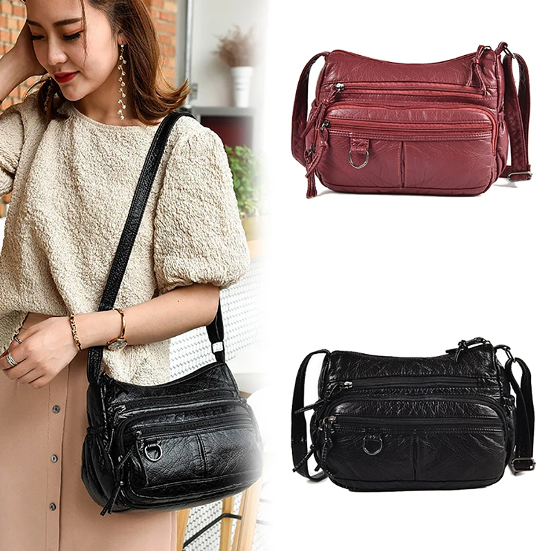 

LKEEP Women Small Bag Pu Leather Crossbody Bag Multipockets Soft Washed Leather Shoulder Bag 2 Colors Messenger Bag