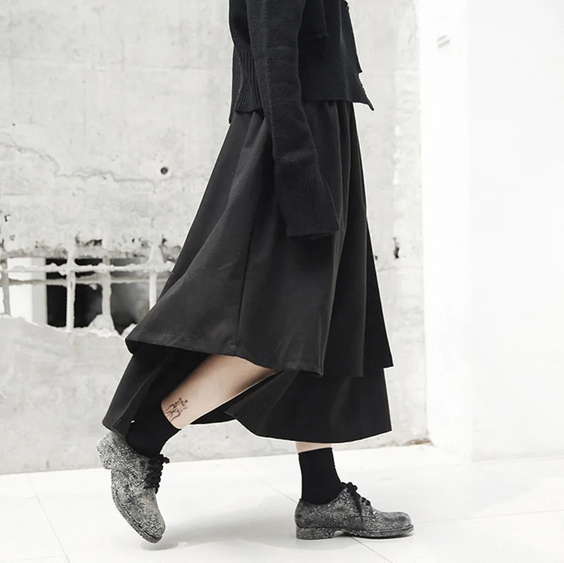 [DEAT] New Spring High Elastic Waist Black Loose Irregular Hem Stitch Half-body Skirt Women Fashion Tide JI50