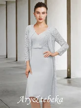 Two Piece Sheath / Column Mother of the Bride Dress Elegant V Neck Knee Length Chiffon Lace Long Sleeve with Bow(s) 2021