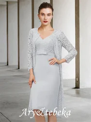 Two Piece Sheath / Column Mother of the Bride Dress Elegant V Neck Knee Length Chiffon Lace Long Sleeve with Bow(s) 2021
