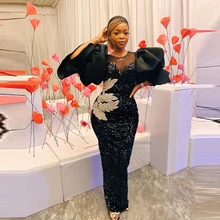 

Sparkling Black Mermaid Evening Dresses Sequins Aso Ebi Prom Gwons Organza Puffy Sleeves Long Plus Size Formal Dress