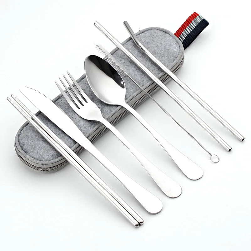 Cutlery Set 8 Pcs Portable Utensil Travel Camping Reusable Metal
